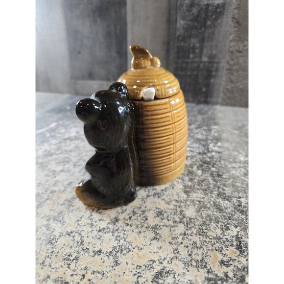 Vtg Bear and Beehive Honey Jar Pot & Dipper & Lid! CERAMIC! JAPAN! BEES! - Picture 2 of 7